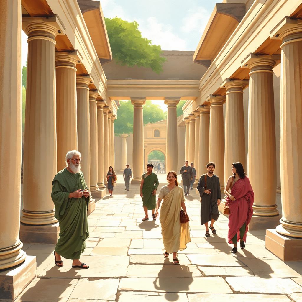 古希臘雅典呂克昂學院，亞里斯多德與學生在廊柱間行走思辨的想像圖